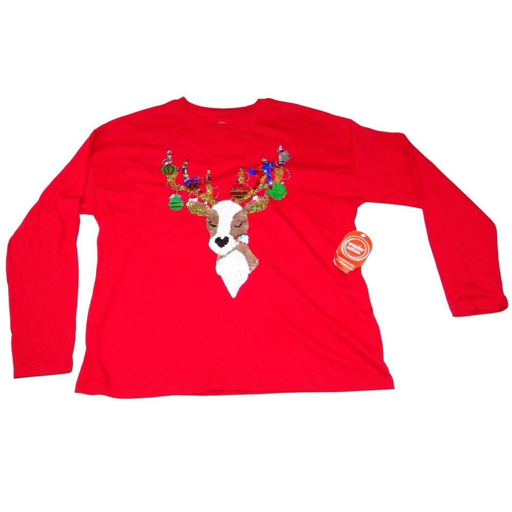 NWT-Wonder Nation Womens Red Reindeer Sequin Ugly Christmas Sweater Shirt XXL